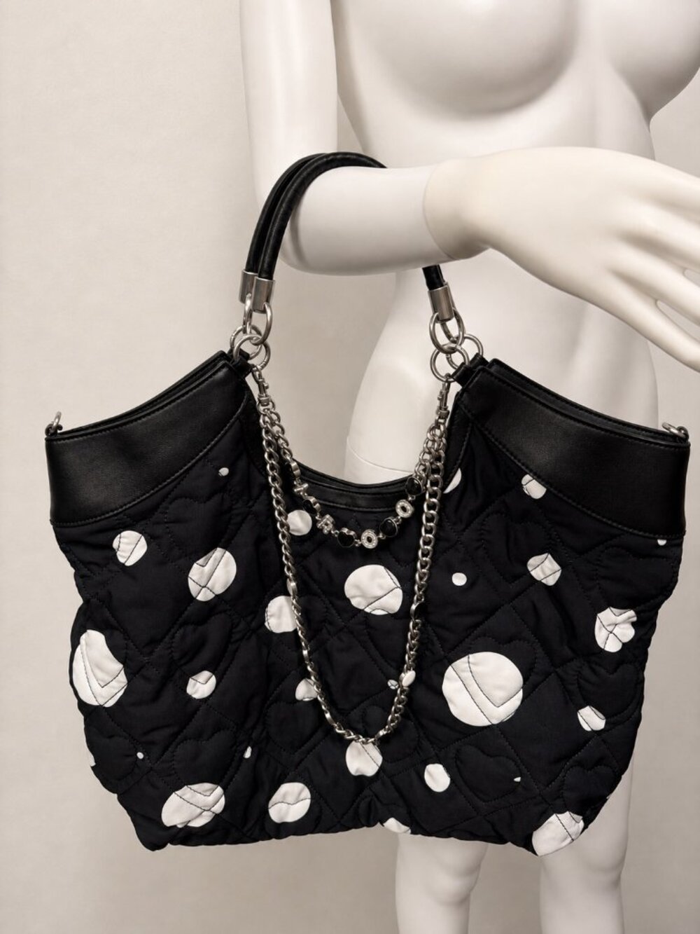 NWT iRoo Large Capacity Black & White Polka Dot Quilted Handbag Tote